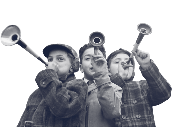 Three boys, each holding a trumpet